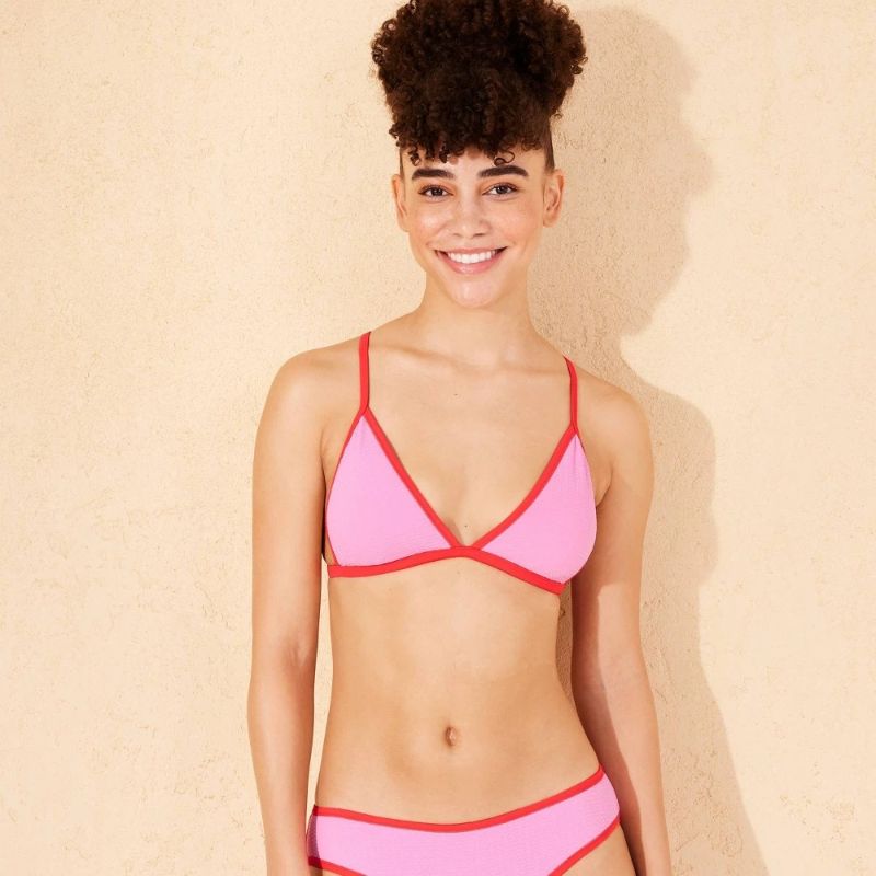Photo 1 of (S) Women's Pucker Textured Contrast Binding Triangle Bikini Top - Wild Fable™ Pink/Red S: Crisscross Back, Adjustable Strap
