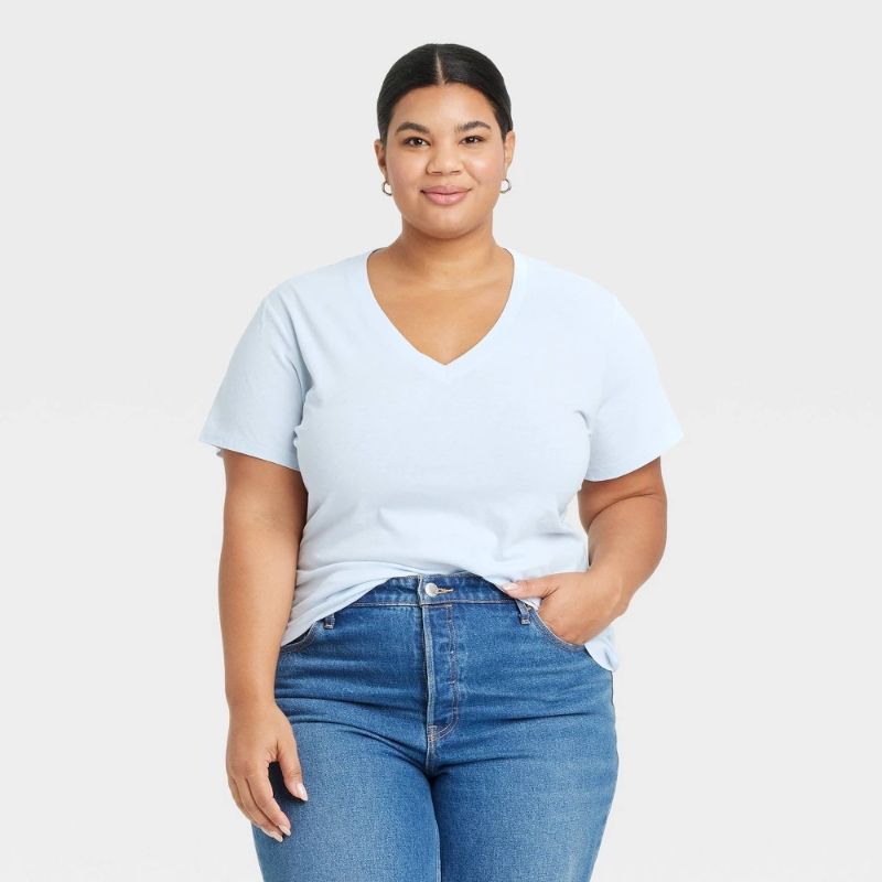 Photo 1 of (XXL) Women's Short Sleeve V-Neck T-Shirt - Universal Thread™ Light Blue XXL: Relaxed Fit, Jersey, Pullover
