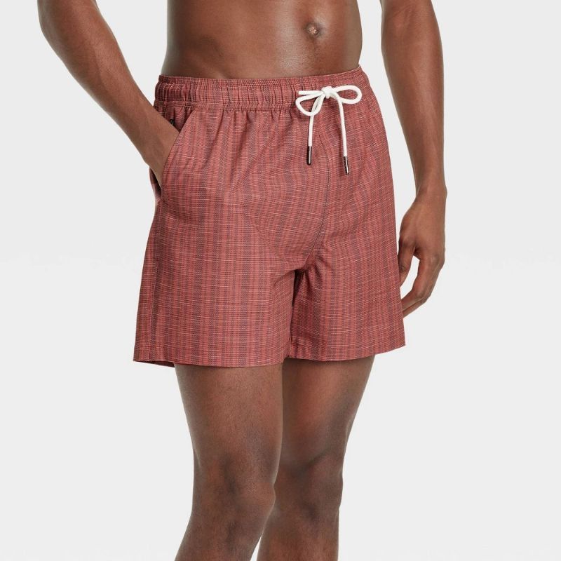 Photo 1 of (XL) Men's 5" Striped Swim Shorts - Goodfellow & Co™ Dark Red XL: Recycled Polyester, Spandex, UPF 50+, Built-in Brief
