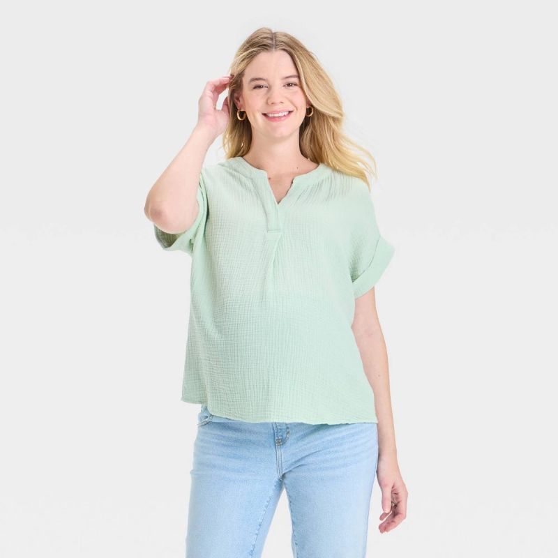 Photo 1 of (M) Short Sleeve V-Neck Maternity Gauze Blouse - Isabel Maternity by Ingrid & Isabel™ Green M: Pullover
