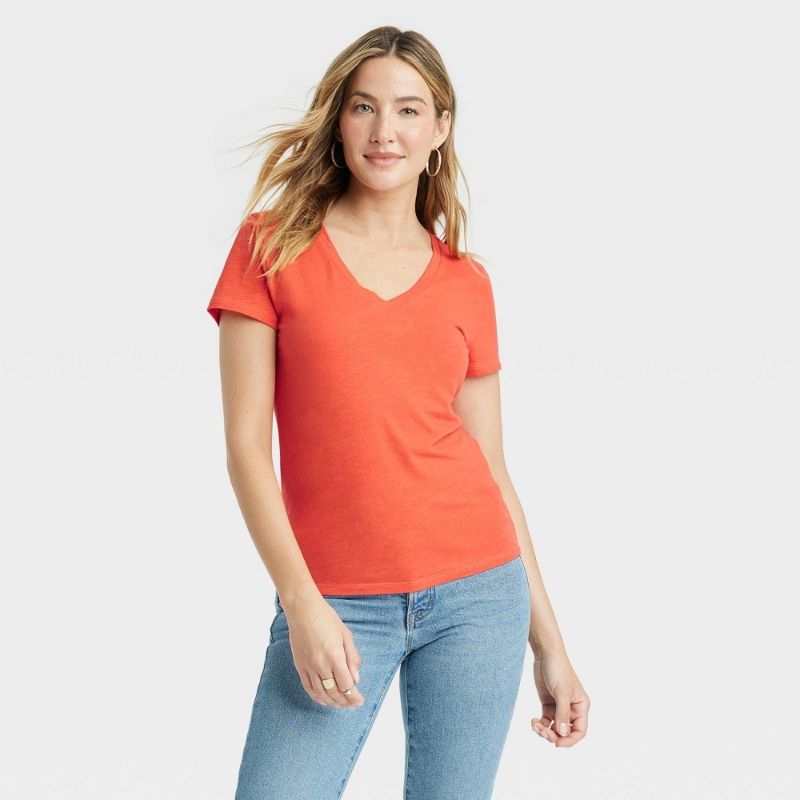 Photo 1 of (L) Women's Fitted Short Sleeve V-Neck T-Shirt - Universal Thread™ Tomato Red L
