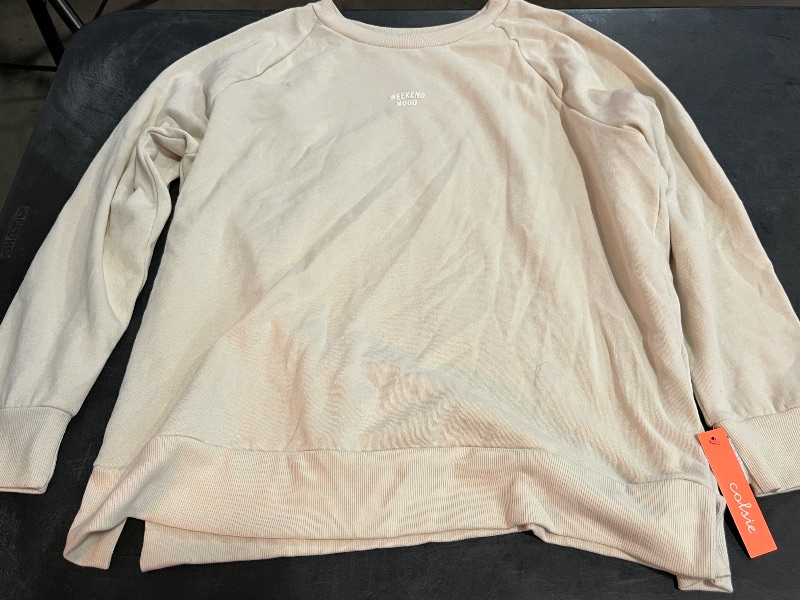 Photo 1 of (L) Women's Fleece Sweatshirt - Colsie™ Cream/Weekend Mood L: Cotton Blend, Recycled Polyester, Raglan Long Sleeves, Ribbed Hem