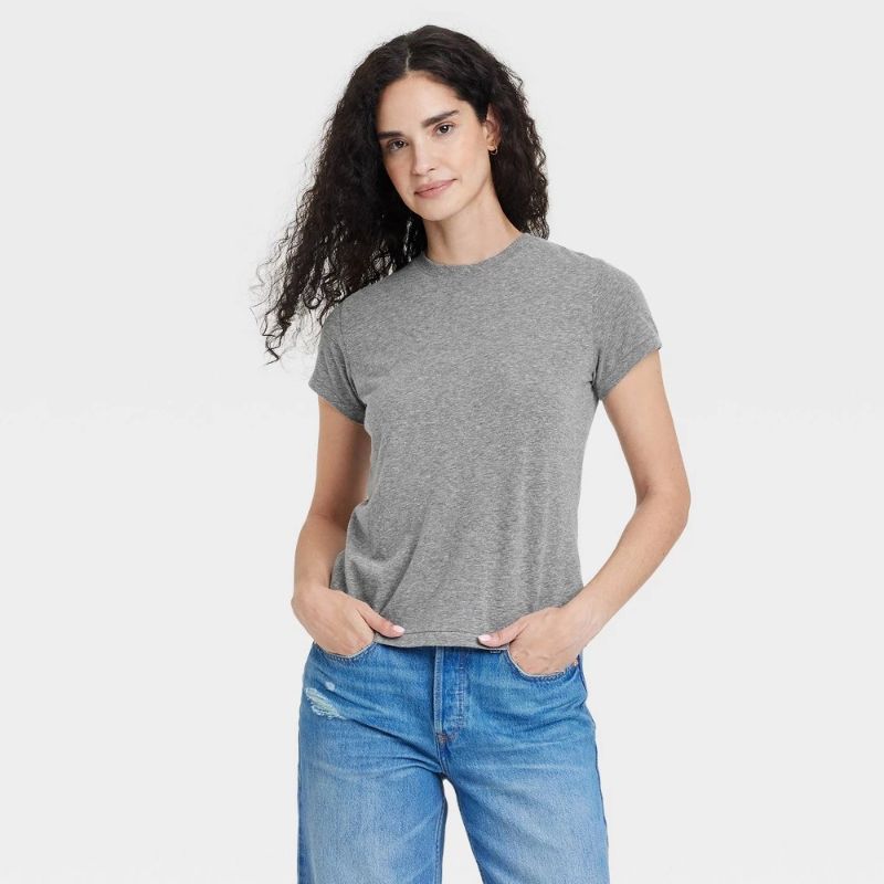 Photo 1 of (S) Women's Short Sleeve Crewneck T-Shirt - Universal Thread™ Light Heather Gray S: Relaxed Fit, Crew Neck, Midweight Jersey