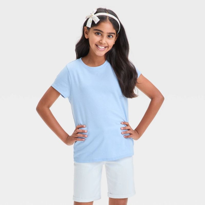 View 1 of (L) Girls' Short Sleeve Solid T-Shirt - Cat & Jack™ Blue L: Cotton Blend, Recycled Polyester, Crew Neck, Tagless, Jersey Fabric
