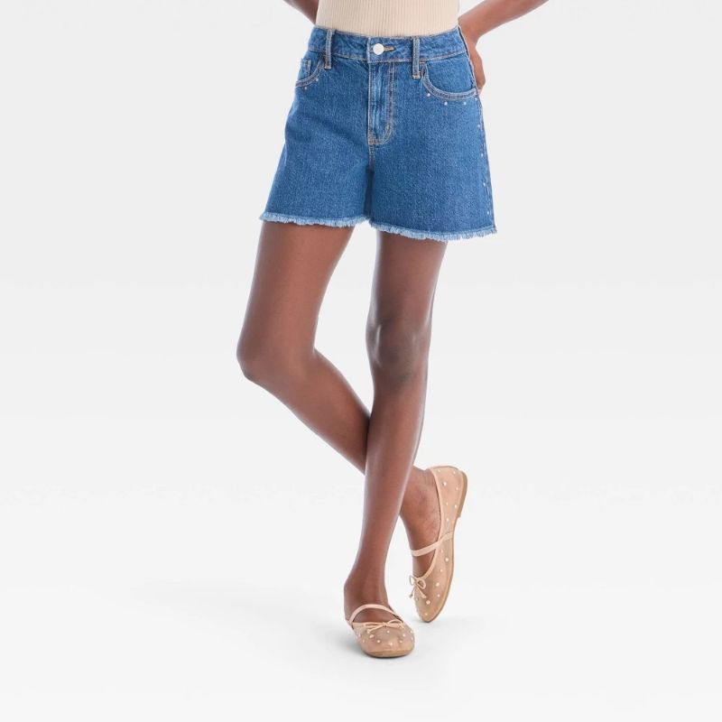 Photo 1 of (L) Girls' High-Rise a-Line Studded Denim Shorts - Art Class™ Medium Wash L: Adjustable Waistband, Frayed Hem