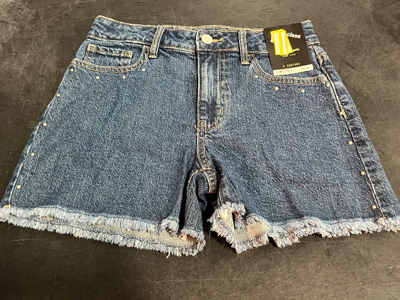Photo 1 of (L) Girls' High-Rise a-Line Studded Denim Shorts - Art Class™ Medium Wash L: Adjustable Waistband, Frayed Hem