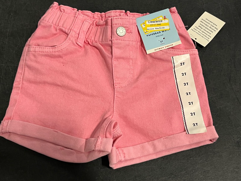 View 2 of 2T Toddler Girls' Paperbag Shorts - Cat & Jack™ Medium Pink 2T: Denim, Mid-Rise, Elastic Waistband

