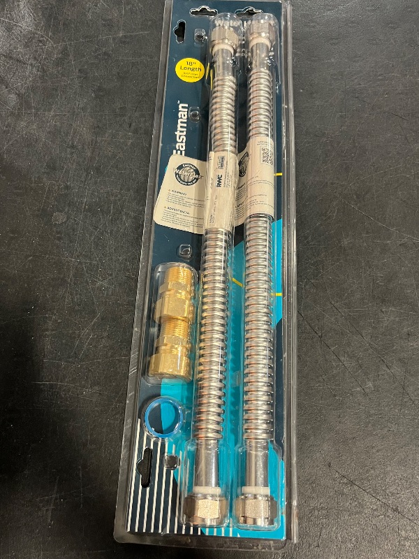 Photo 1 of Eastman Electric Water Heater Installation Kit, 3/4 x 18 Inch Corrugated Stainless Steel Water Heater Connectors, 48281
