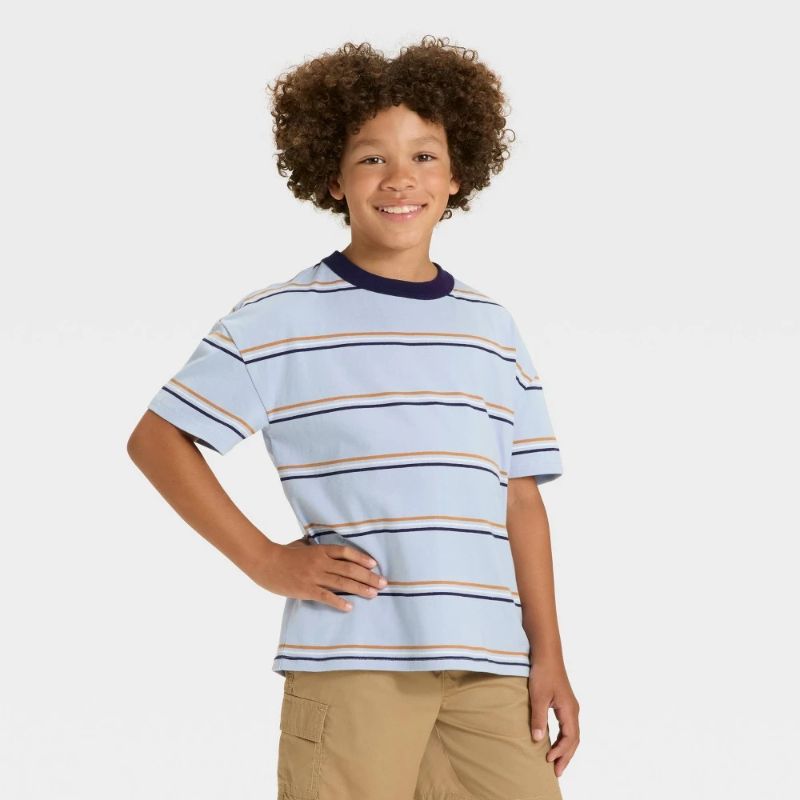 Photo 1 of (XS) Boys' Short Sleeve Striped Oversized T-Shirt - Cat & Jack™ Light Blue XS
