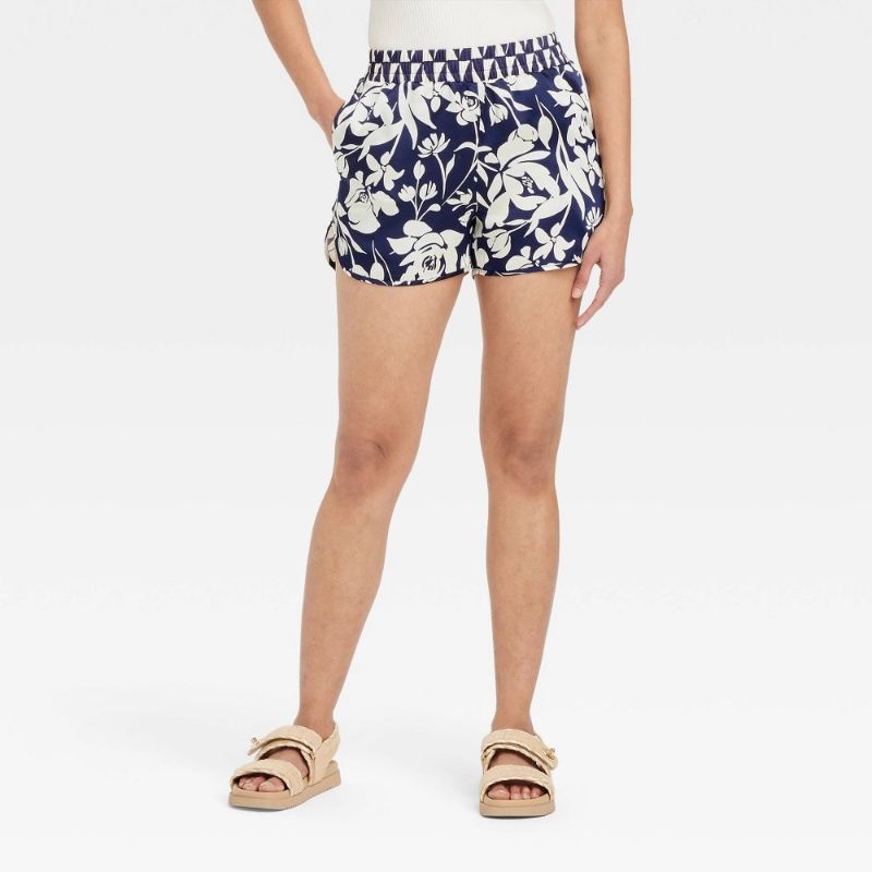 Photo 1 of (M) Women's High-Rise Satin Pull-on Shorts - a New Day™ Navy Blue Floral M: Elastic Waistband