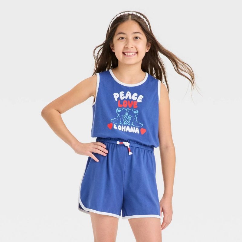 View 1 of (M) Girls' Stitch 'Peace Love Ohana' Romper - the Disney Collection by Cat & Jack™ White/Navy Blue M