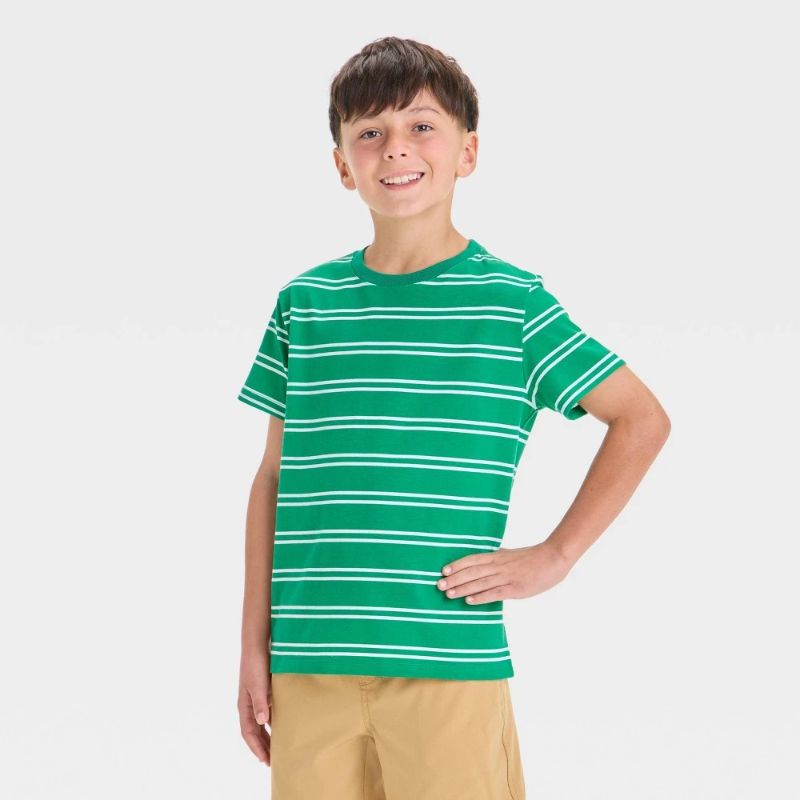 View 1 of (M) Boys' Short Sleeve Striped T-Shirt - Cat & Jack™ Green M: Pullover, Jersey Fabric