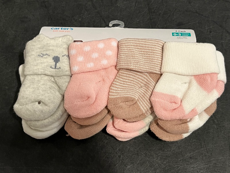 View 2 of 0-3M Carter's Just One You® 8pk Baby Girls' Alt Terry Socks: Infant Crew Knit, Solid & Stripe Patterns, 0-3 Months
