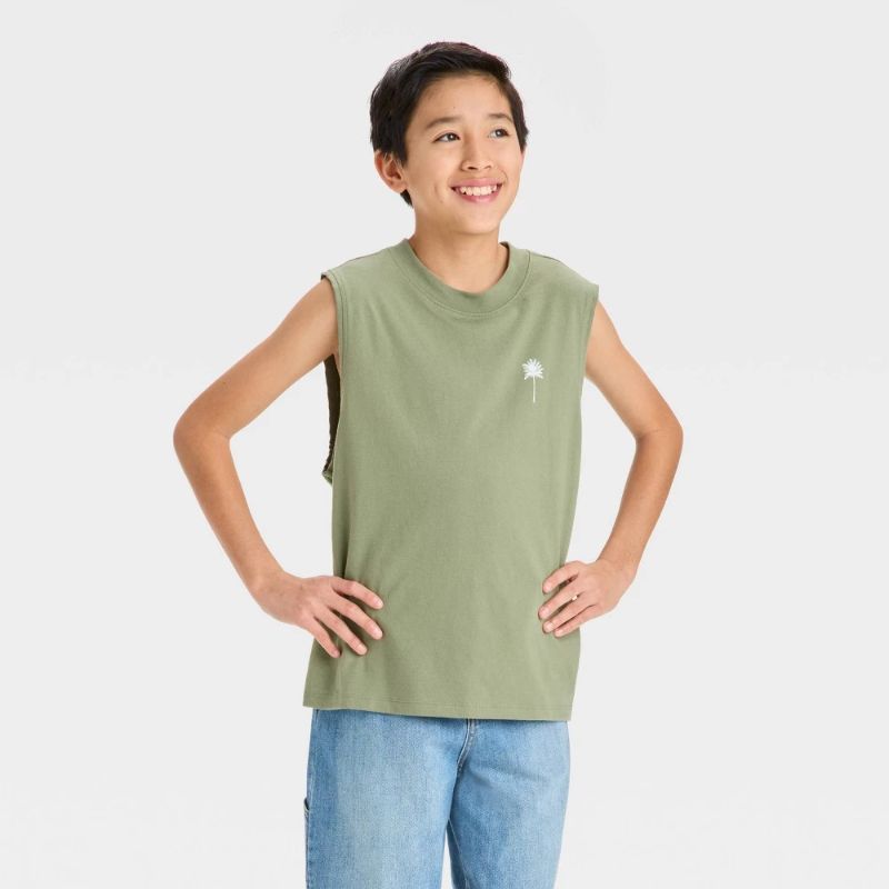 View 1 of (L) Boys' Palm Graphic Cutoff Tank Top - Art Class™ Sage Green L: Botanical Pattern, Crew Neck