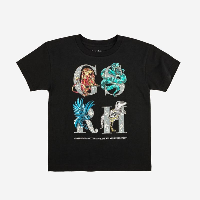 Photo 1 of (XS) Boys' Harry Potter Hogwarts Houses Short Sleeve Oversized Graphic T-Shirt - Black XS
