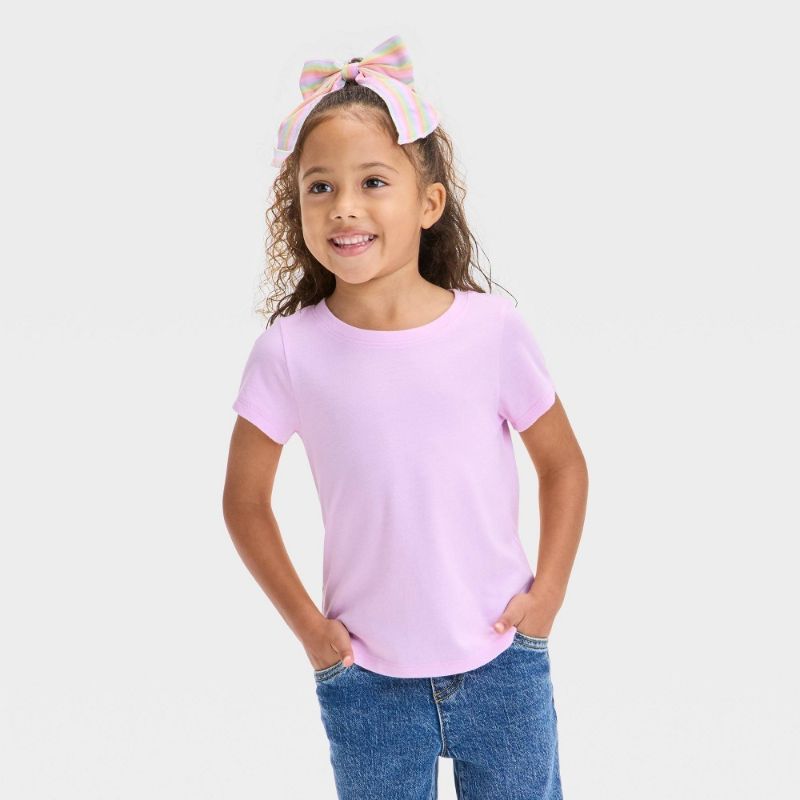 Photo 1 of 2T Toddler Girls' Solid Knit Short Sleeve T-Shirt - Cat & Jack™ Light Purple 2T: Crew Neck, Pullover
