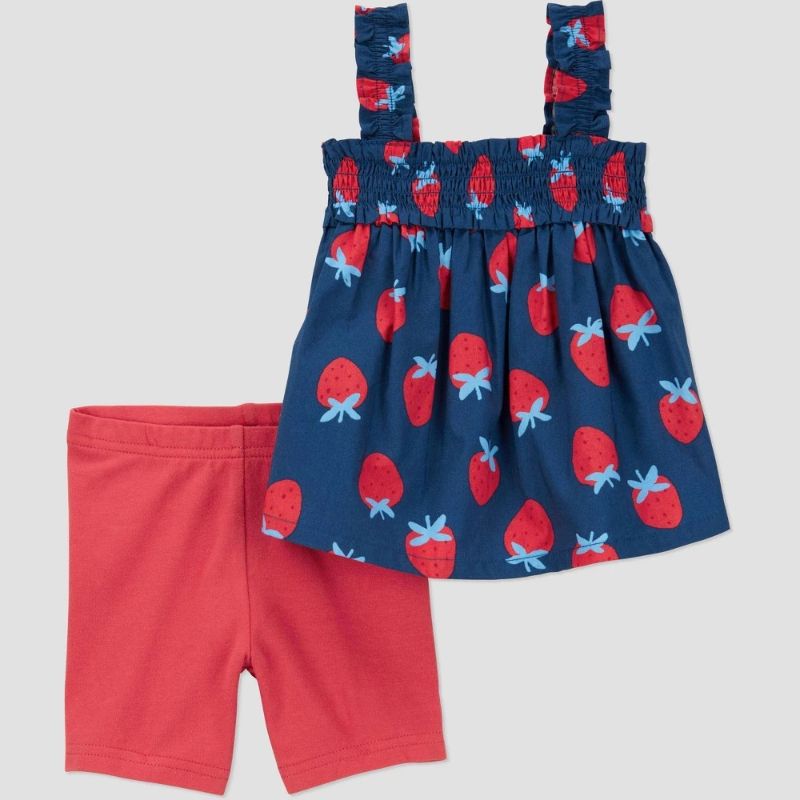 Photo 1 of 6M Carter's Just One You® Baby Girls' Strawberries Top & Bottom Set - Blue/Red 6M: Cotton Tunic & Shorts, Elastic Waistband