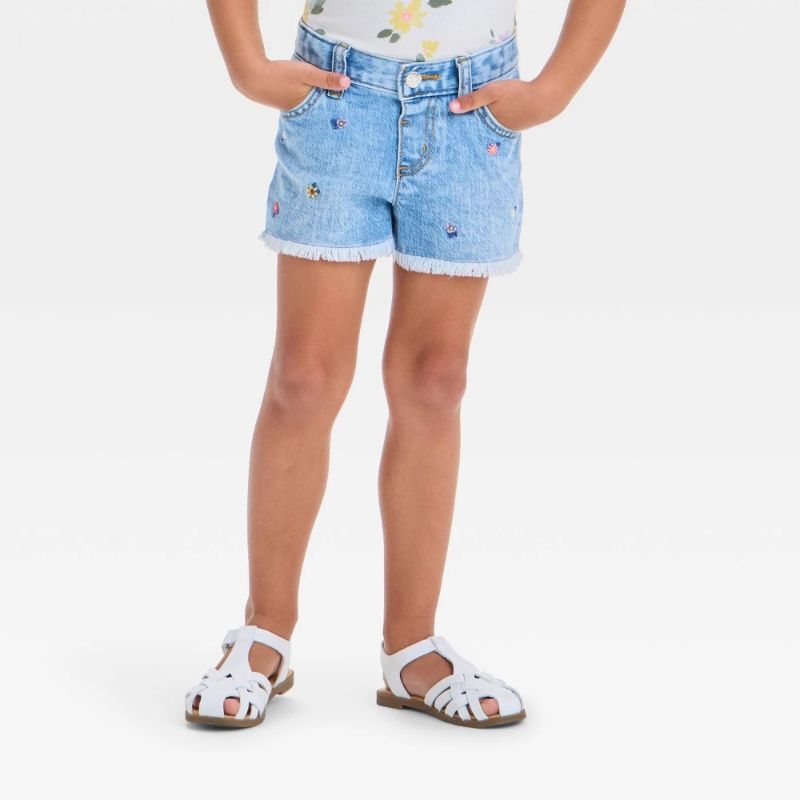 Photo 1 of 2T Toddler Girls' Floral Embroidered Shorts - Cat & Jack™ Light Wash 2T: Adjustable Waistband, Denim, Mid-Rise