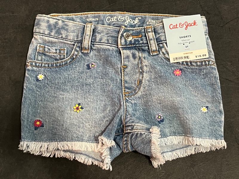 Photo 1 of 2T Toddler Girls' Floral Embroidered Shorts - Cat & Jack™ Light Wash 2T: Adjustable Waistband, Denim, Mid-Rise