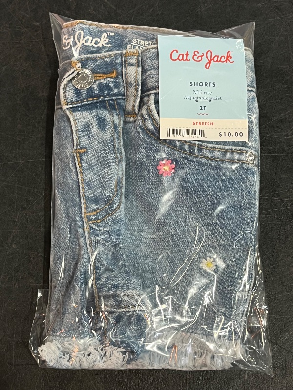 Photo 1 of 2T Toddler Girls' Floral Embroidered Shorts - Cat & Jack™ Light Wash 2T: Adjustable Waistband, Denim, Mid-Rise