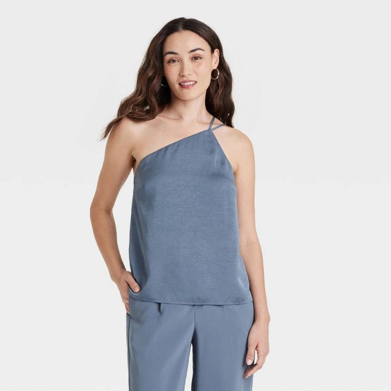 View 1 of (S) Women's One Shoulder Tank Top - a New Day Dark Blue S: Recycled Polyester, Asymmetrical Neckline, Spaghetti Straps, Pullover
