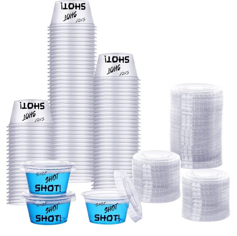 Photo 1 of 100 Pcs Plastic Shot Cups with Lids , 2oz Disposable Portion Cups for Vodka , Whiskey , Sauce , Condiments (Shots Shots Shots)