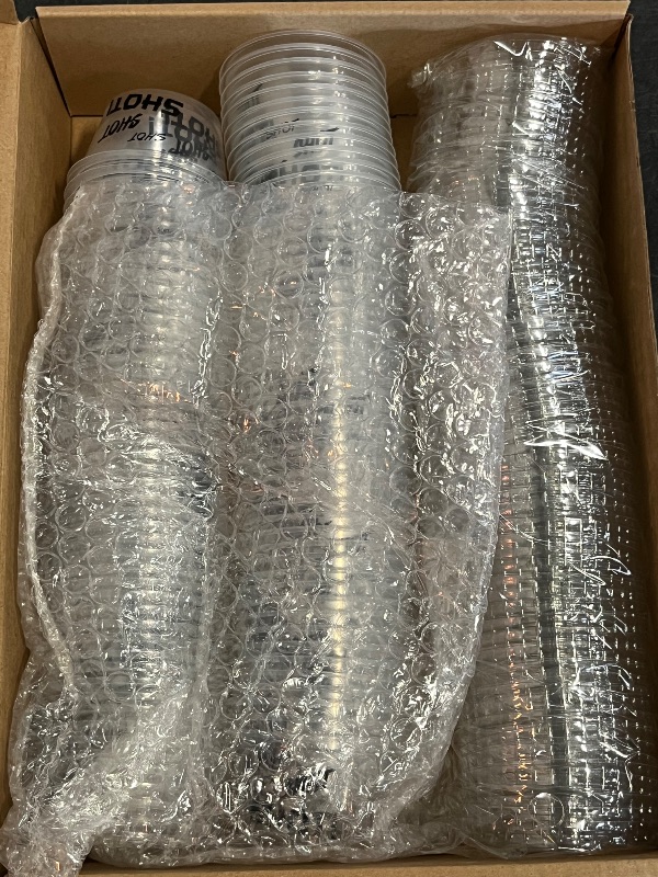 Photo 1 of 100 Pcs Plastic Shot Cups with Lids , 2oz Disposable Portion Cups for Vodka , Whiskey , Sauce , Condiments (Shots Shots Shots)