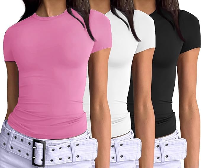 Photo 1 of (XS) VELISDE Women's 3 Pack Short Sleeve Shirts Basic Slim Fit Crop Tops Going Out Tops 2025 Spring Summer Tight Tees Y2k