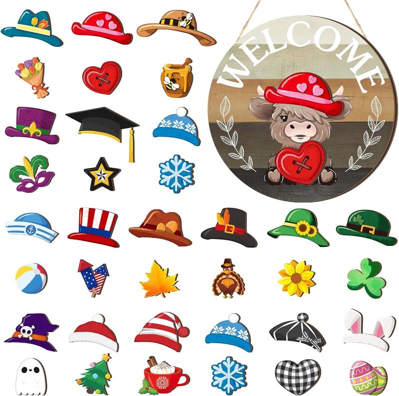 Photo 1 of 35 Pcs Holiday Interchangeable Highland Cow Welcome Sign Highland Cow Seasonal Wooden Hanging Door Decor Valentines Farmhouse Hanging Sign for Front Door Winter Party Decoration Gift(Light Brown)
