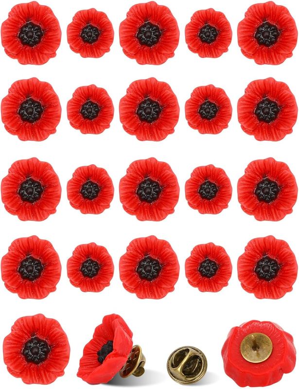 Photo 1 of JUNEBRUSHS 28 Pcs Memorial Day Poppy Flower Pins Resin Red Poppy Brooch Lapel Pin Lest We Forget Poppy Pins for Remembrance Veterans Day Wedding Home Garden Decoration (2 Size)
