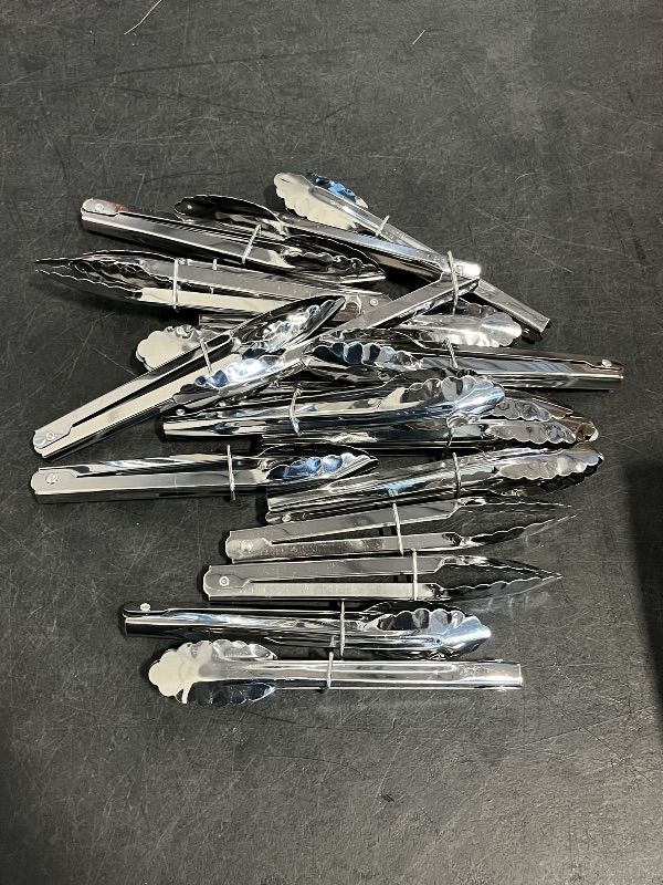 Photo 1 of Chengu 18 Pieces Stainless Steel Kitchen Cooking Tongs Set with Sliding Rings 7 Inch Metal Small Clam Shell Cooking Tongs Non Slip for Salad Grilling Barbecue
