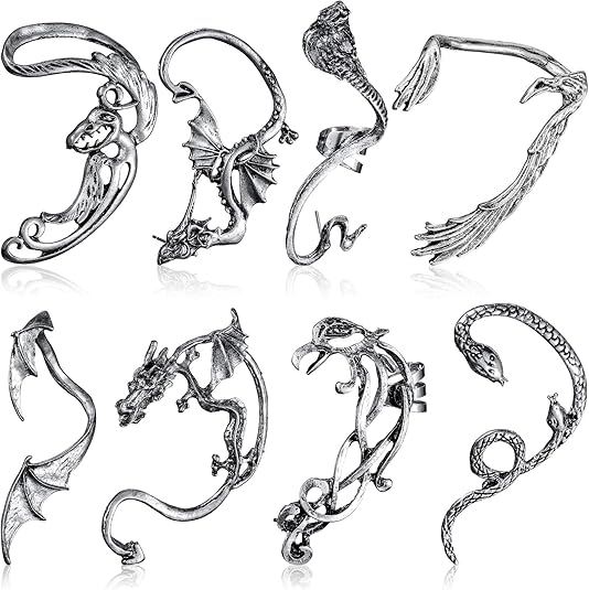 Photo 1 of 8 Pcs Punk Earrings Dragon Ear Cuff Vintage Retro Snake Bat Crow Ear Climber Earrings Gothic Ear Clip Wrap for Women Men Party Dress