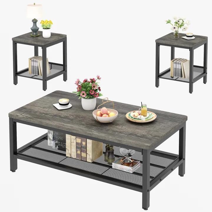 Photo 1 of Coffee Table Set of 3, Industrial Coffee Table with 2 Square End Side Tables, Modern Living Room Table Set, with Metal Frame, for Apartment Home Office, Grey