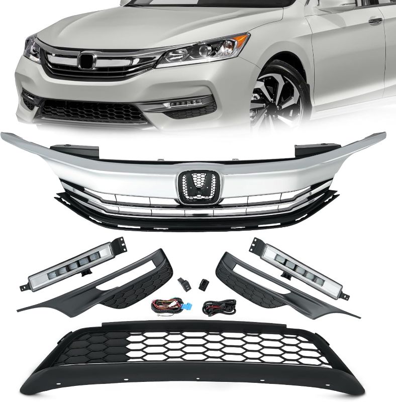 Photo 1 of KARPAL Front Bumper Grille Upper and Lower Grill Kit with LED Fog Lamp Fit for 2016 2017 Honda Accord Sedan
