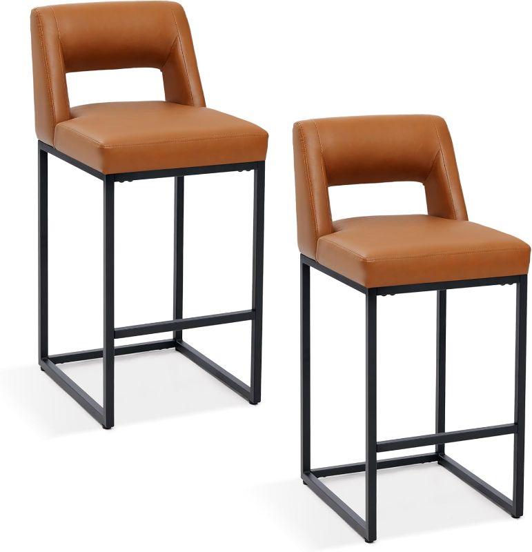 Photo 1 of RNKSFX Counter Height Bar Stools Set of 2 for Kitchen Counter Modern Bar Chairs with Backs for Kitchen Island with Upholstered Faux Leather Seat and Metal Frame, 26 Inch, Light Brown