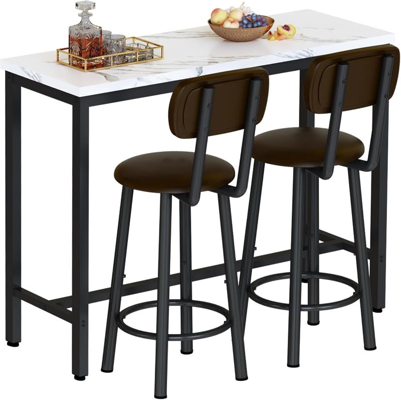 Photo 1 of AWQM 3 Piece Bar Table Set of 2,39.3" Pub Bar Table and Chairs Set,Faux Marble Bar Height Table with 2 Backrest Stools,Small Dining Table for 2,Kitchen Table Set for Small Space,White & Brown