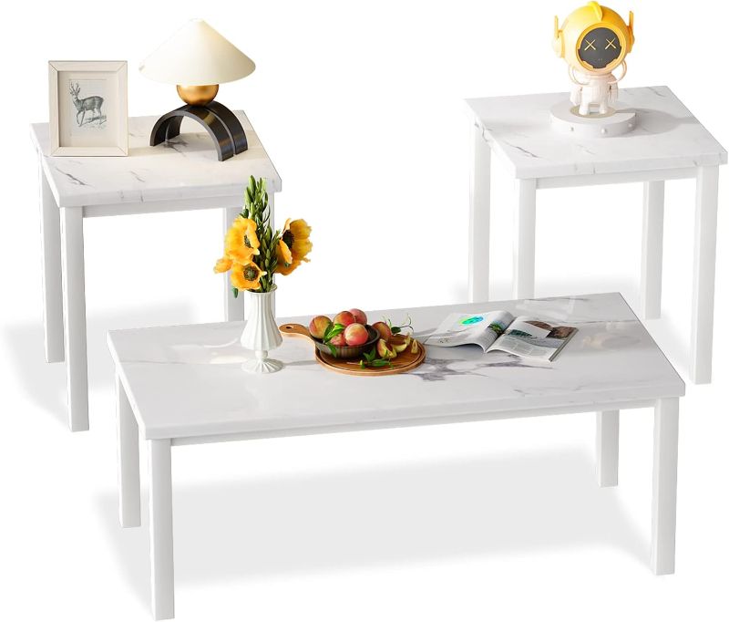 Photo 1 of Hooseng 3 Piece Coffee Table Set, Faux Marble Tabletop Style with Black Metal Frame Sofa Side Tables Perfect for Living Room Accent Furniture,Includes Table & 2 End Tables, White
