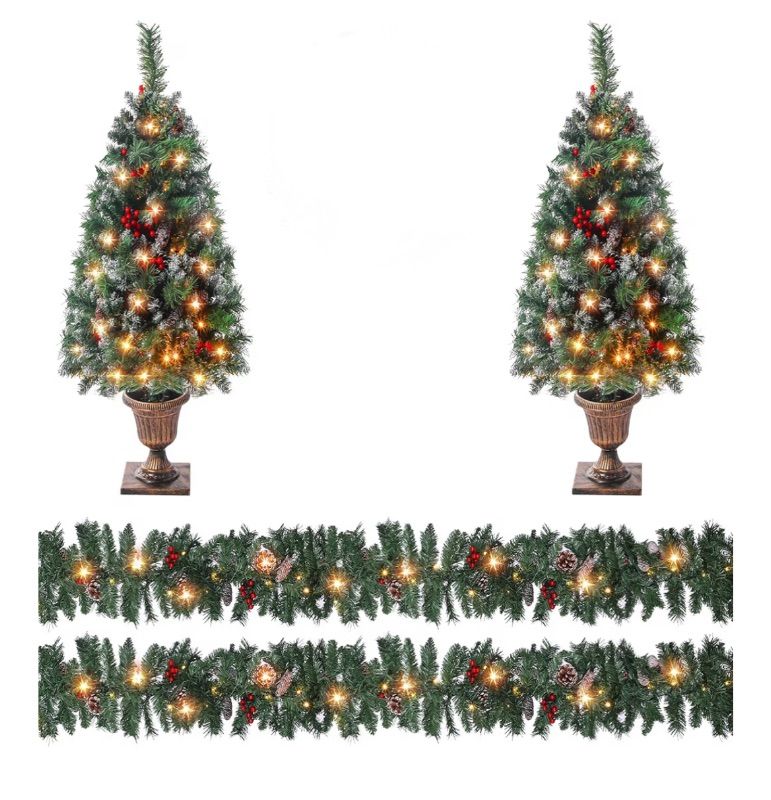 Photo 1 of 4 Pcs Pre  Artificial Christmas Wreath and Garland Xmas Entrance Trees with Pine Cones and Berries , For Front Porch Setup Holiday Decoration