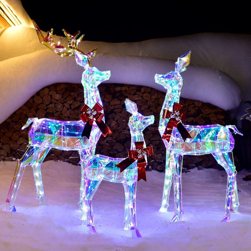 Photo 1 of Outdoor Christmas Decorations Deer Family - HOYECHI 3-Piece Lighted Prismatic Reindeer with 465 LED Lights - Outside Yard Decor Kit, Stakes, Zip Ties - Iridescent
