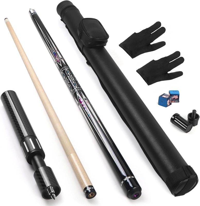 Photo 1 of lotmusic Premium Pool Stick with Carbon Fiber Telescopic Cue Stick Extension,58'' Professional Pool Cue Stick Set with Black Leather Carry Bag & Billiards Accessories.
