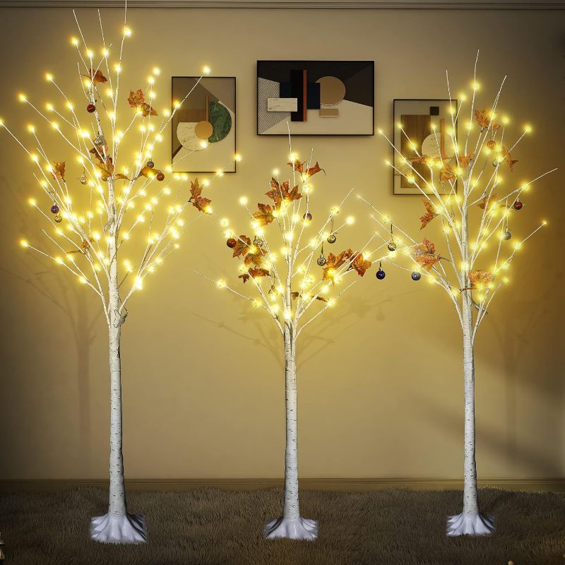 View 1 of Birch Tree with Led Lights Set of 3, 4FT 5FT 6FT Prelit Christmas Tree, Twinkle Tree for Indoor & Outdoor, Lighted Christmas Tree for Front Door, Porch, Yard, Home Party Decor
