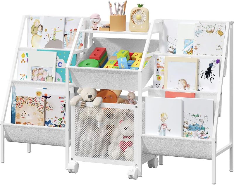 Photo 1 of MAHANCRIS Kids Bookshelf and Toy Storage, 3-Tier Toddler Bookcase with Rolling Toy Bin, Large Nursery Book Shelf for Kids Room, Bedroom, Classroom, Playroom, White KBWT2701
