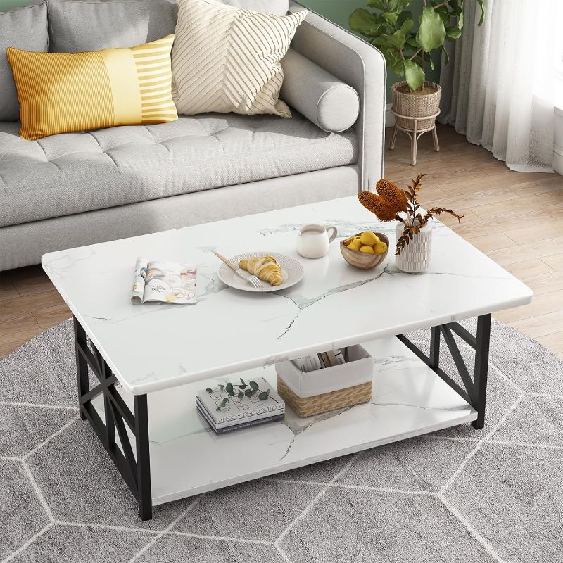 Photo 1 of AWQM Faux Marble Coffee Table for Living Room with Round Corners,2 Tier Living Room Table with Storage Shelf,Rectangular Coffee Table Center Table for Small Spaces,White