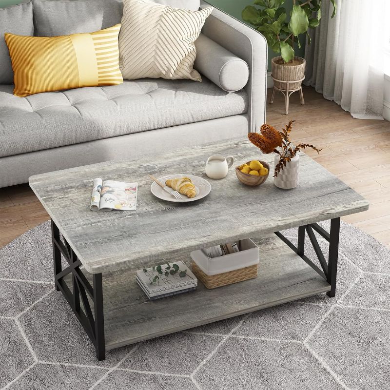 Photo 1 of AWQM Gray Coffee Table for Living Room with Round Corners, 2 Tier Living Room Table with Storage Shelf,Rectangular Coffee Table Center Table for Small Spaces,Easy Assembly