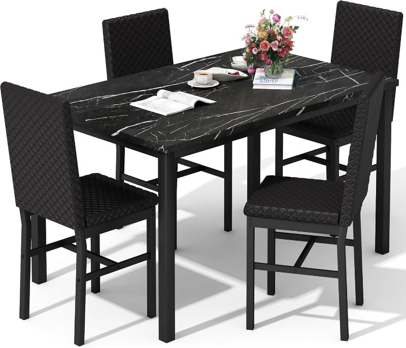 Photo 1 of DKLGG Dining Table Set for 4 Kitchen Table and Chairs Set of 4 Faux Marble Kitchen and Dining with Velvet Upholstered Dinner Chairs for Small Space Apartment Home (Black & Black)