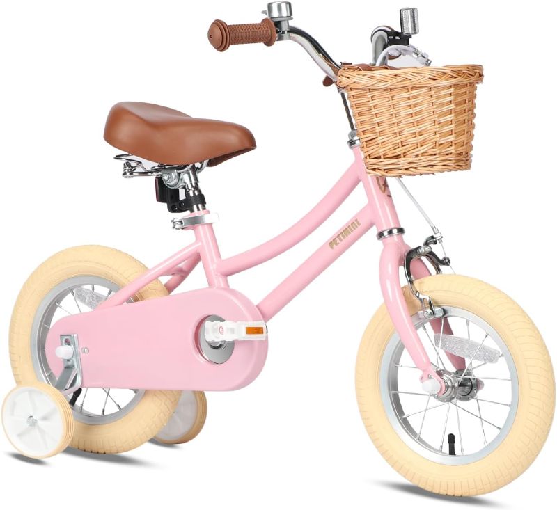 Photo 1 of Petimini Vintage Kids Bike for Girls, 12–20 Inch Classic Bicycle with Wicker Basket & Bell, High Tensile Steel Frame, Training Wheels (12–18”), 85% Pre-Assembled, Retro Bike for Outdoor Riding