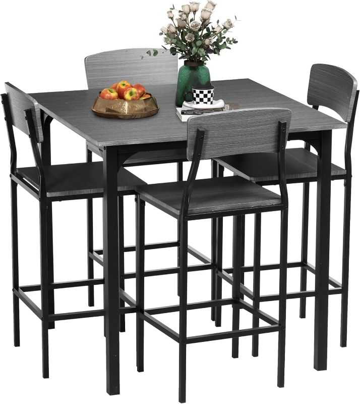 Photo 1 of HOMCOM 5-Piece Counter Height Bar Table with Space-Saving Design, Square Kitchen Table and Chairs Set with Footrest, Metal Legs, Industrial Dining Table Set for 4, Gray