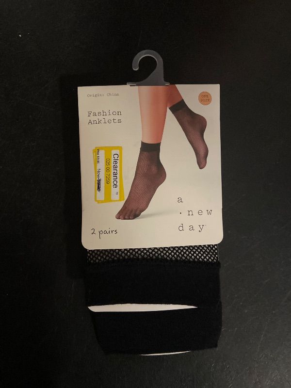 View 2 of One Size Women's Fishnet & 20D Sheer 2pk Anklet Socks - a New Day™ Black One Size Fits Most: Nylon, Mesh, Lightweight, Hand Wash