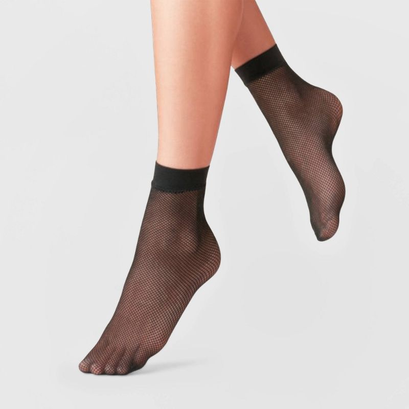 View 1 of One Size Women's Fishnet & 20D Sheer 2pk Anklet Socks - a New Day™ Black One Size Fits Most: Nylon, Mesh, Lightweight, Hand Wash