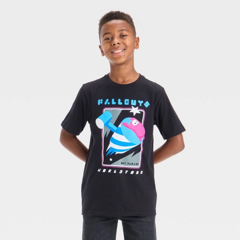 View 1 of (Size XS) Boys' Fall Guys Short Sleeve Graphic T-Shirt - Black XS: Cotton Jersey, Crew Neck, Pullover Style